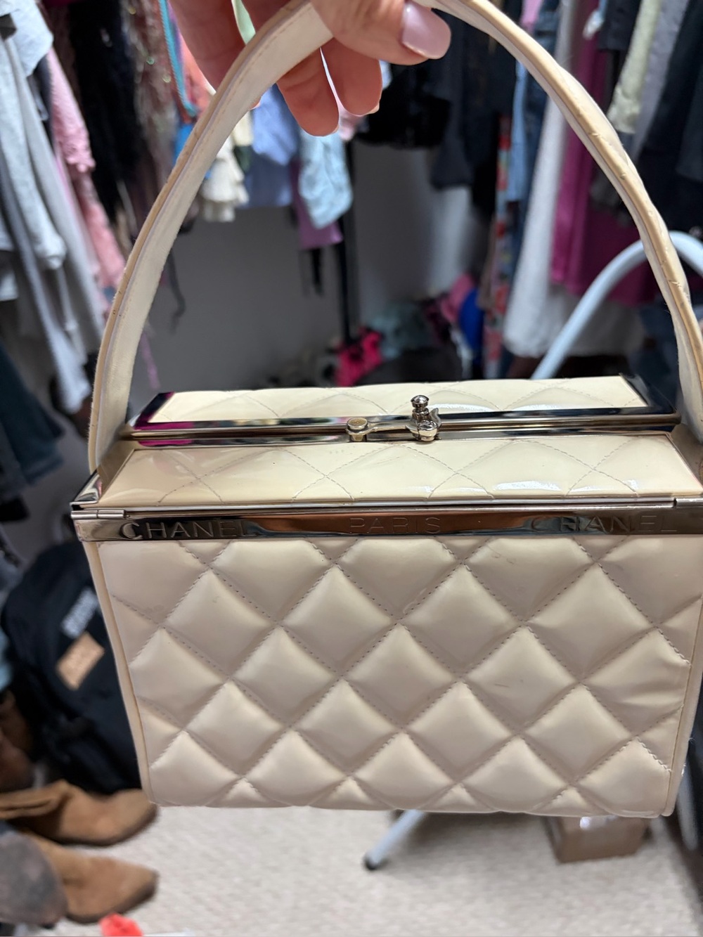 CHANEL Cream Quilted Top-Handle Mini Bag